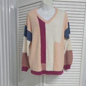 Cato Colorblock V-Neck Sweater - Cream, Peach, Blue, Magenta